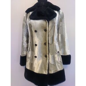 Vintage Faux Fur Crushed Velvet Lined Trim Double Breast Classy Coat Sz10(Small)